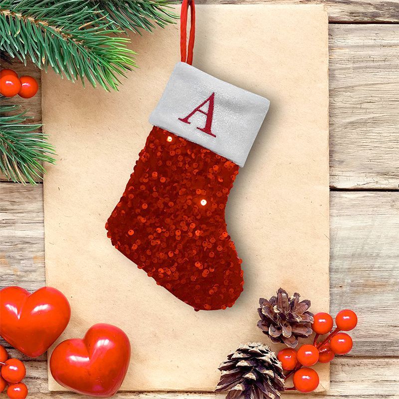 Embroidery Xmas Ornaments - Calcetín navideño rojo de lentejuelas con