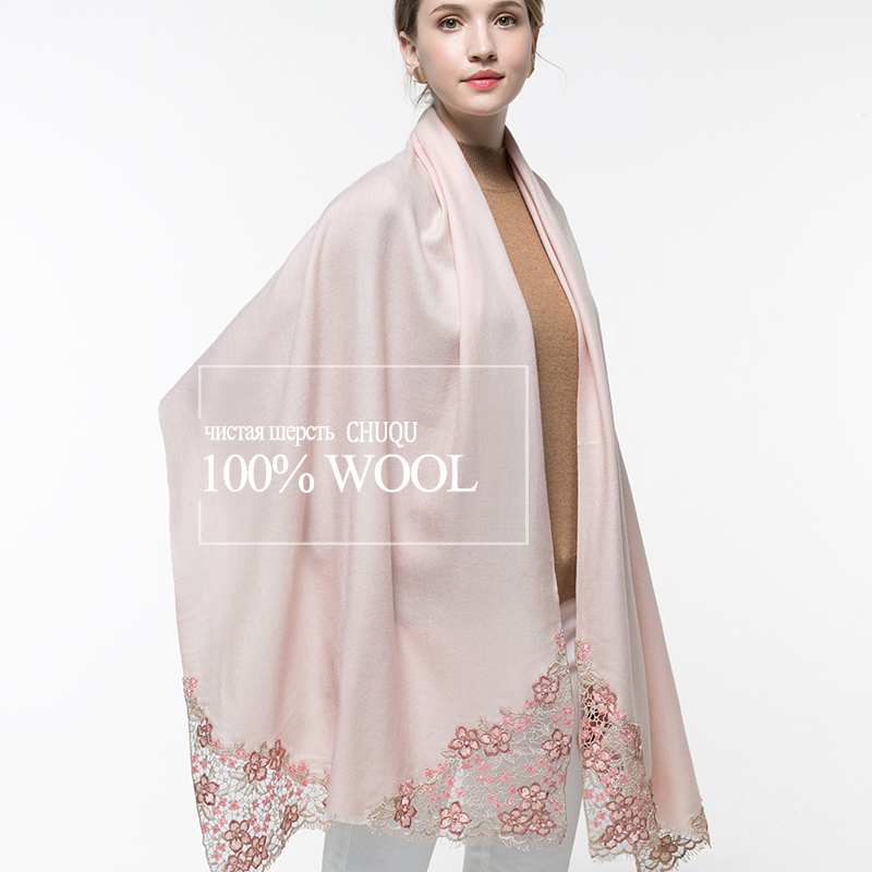 Embroidery Shawl - Bufanda de lana rosa auténtica para
