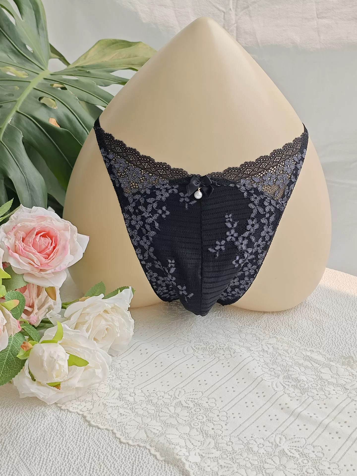 Embroidery Lace - Calzoncillos de Encaje Negro para Hombre,