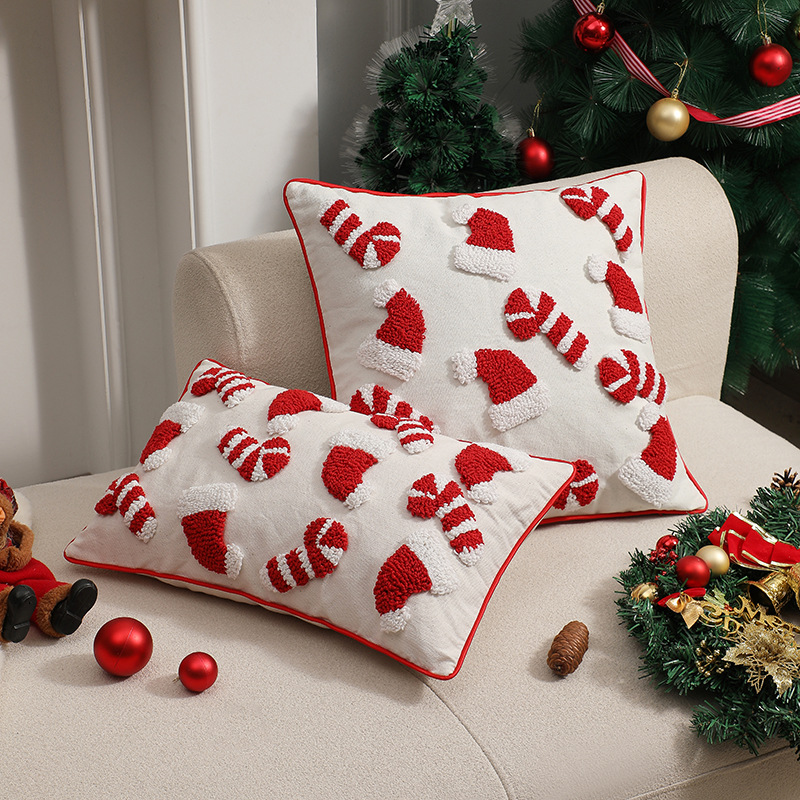 Embroidery Xmas Ornaments - Funda de almohada navideña roja, sombrero