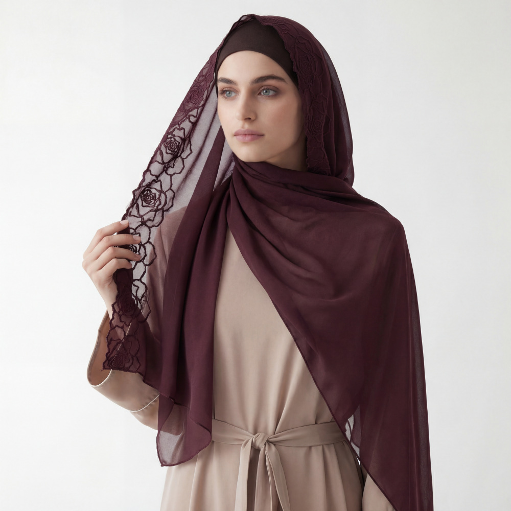Embroidery Hijab - Pañuelos Hijab de Gasa Morada para