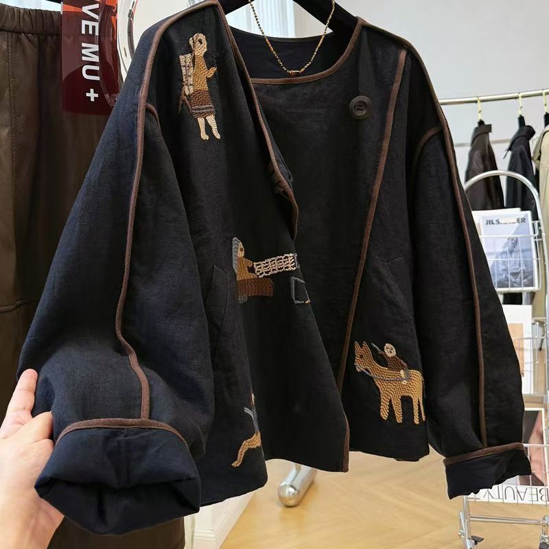 Embroidery Origin - Camiseta corta con cuello redondo y