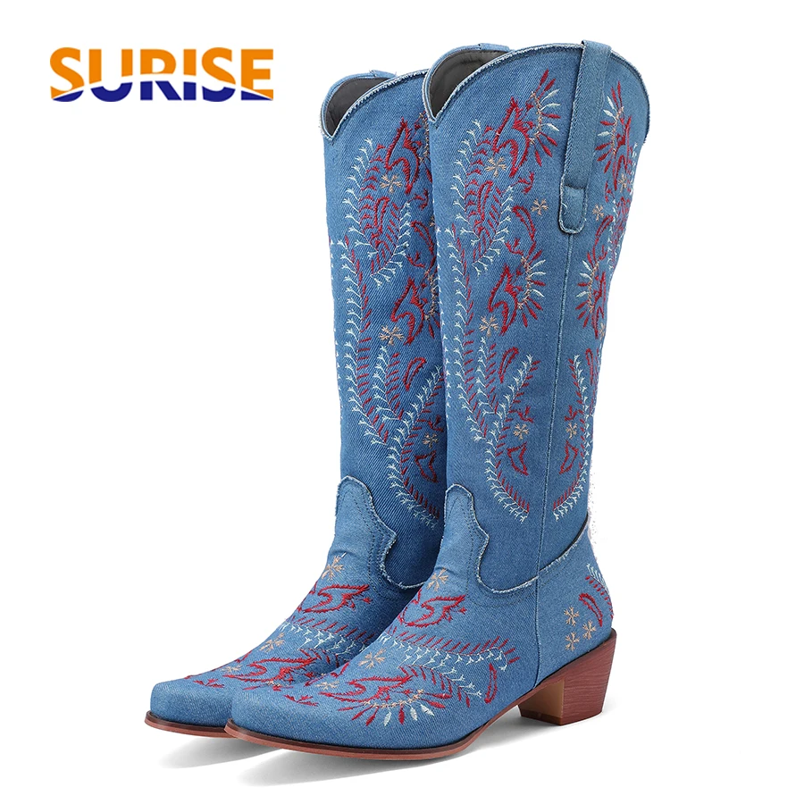Botas vaqueras azules de vaque - Embroidery Flower reseña y precio