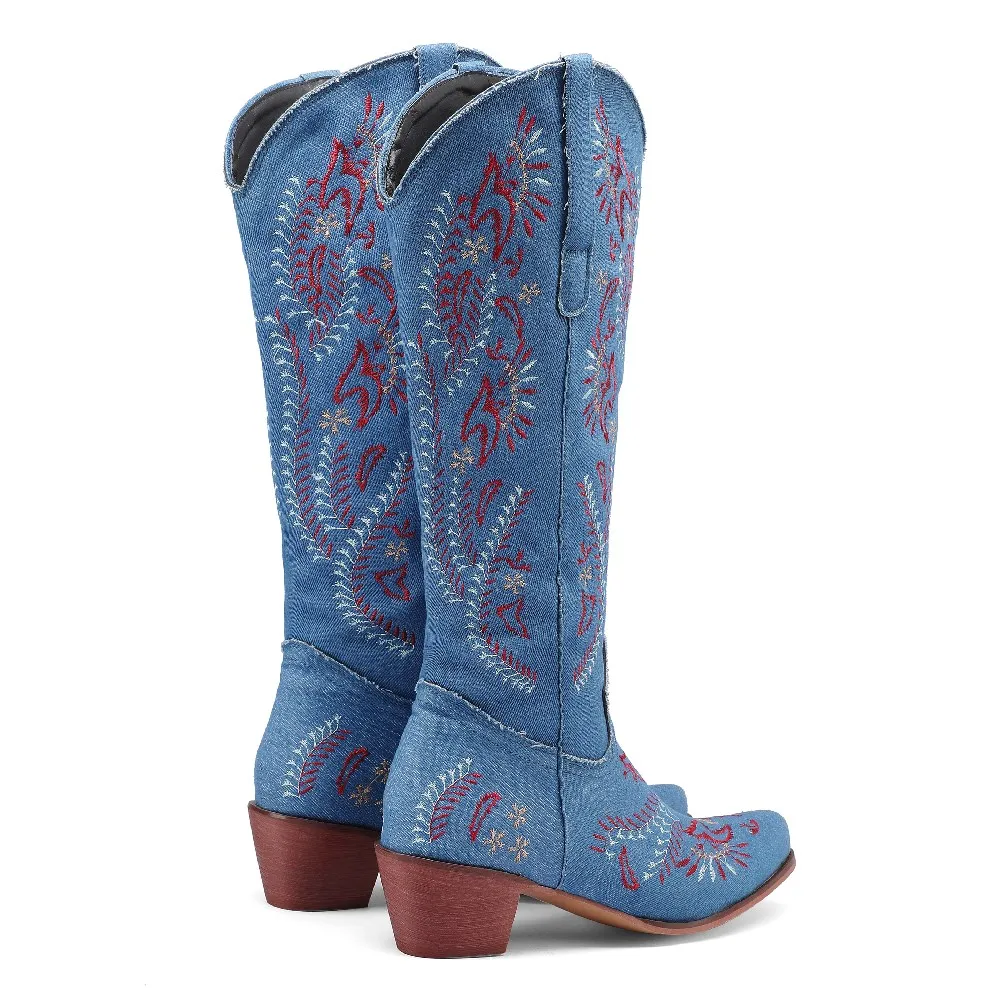 Botas vaqueras azules de vaque - Embroidery Flower reseña y precio