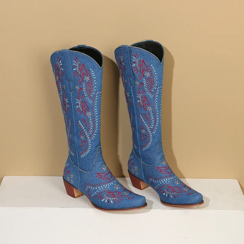 Botas vaqueras azules de vaque - Embroidery Flower reseña y precio